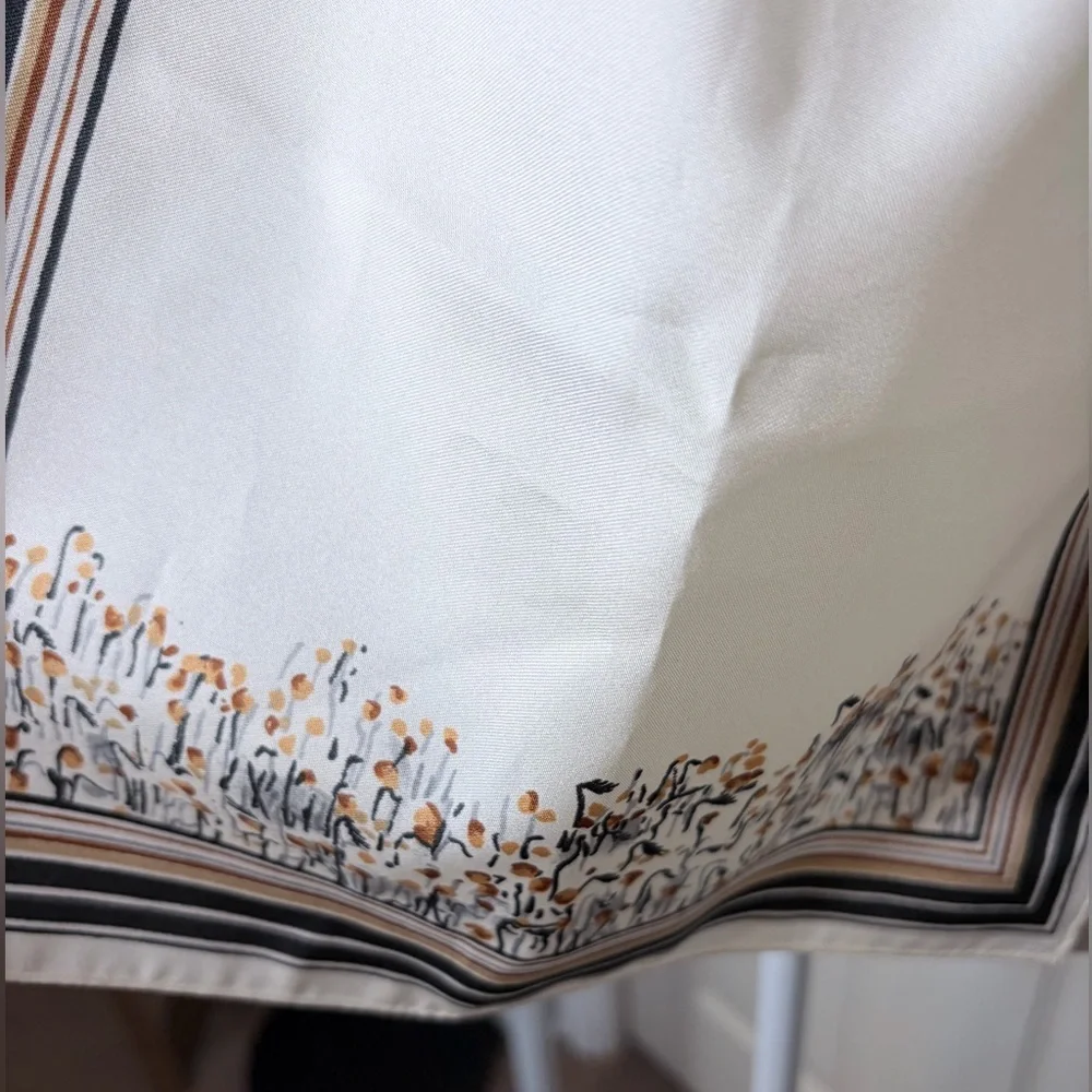Satin White Floral Scarf with Striped Border